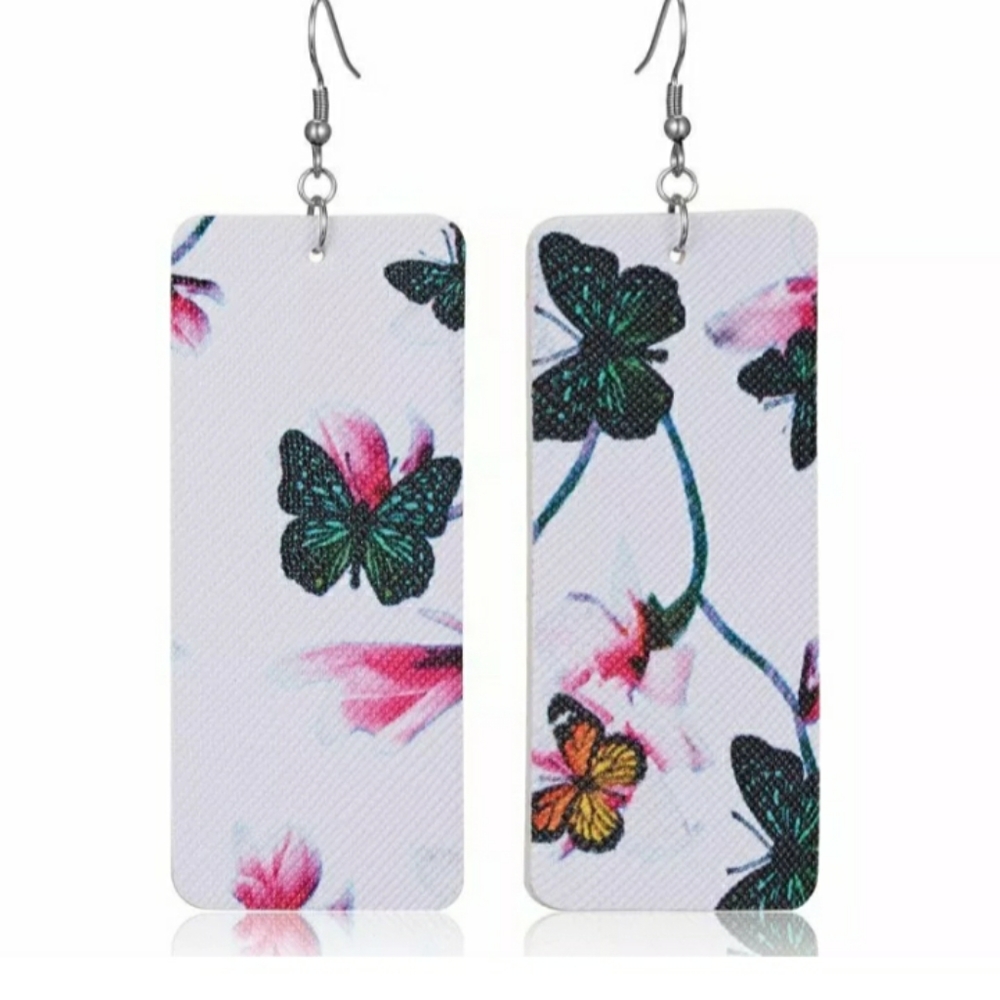 Rectangular butterfly floral leather earrings